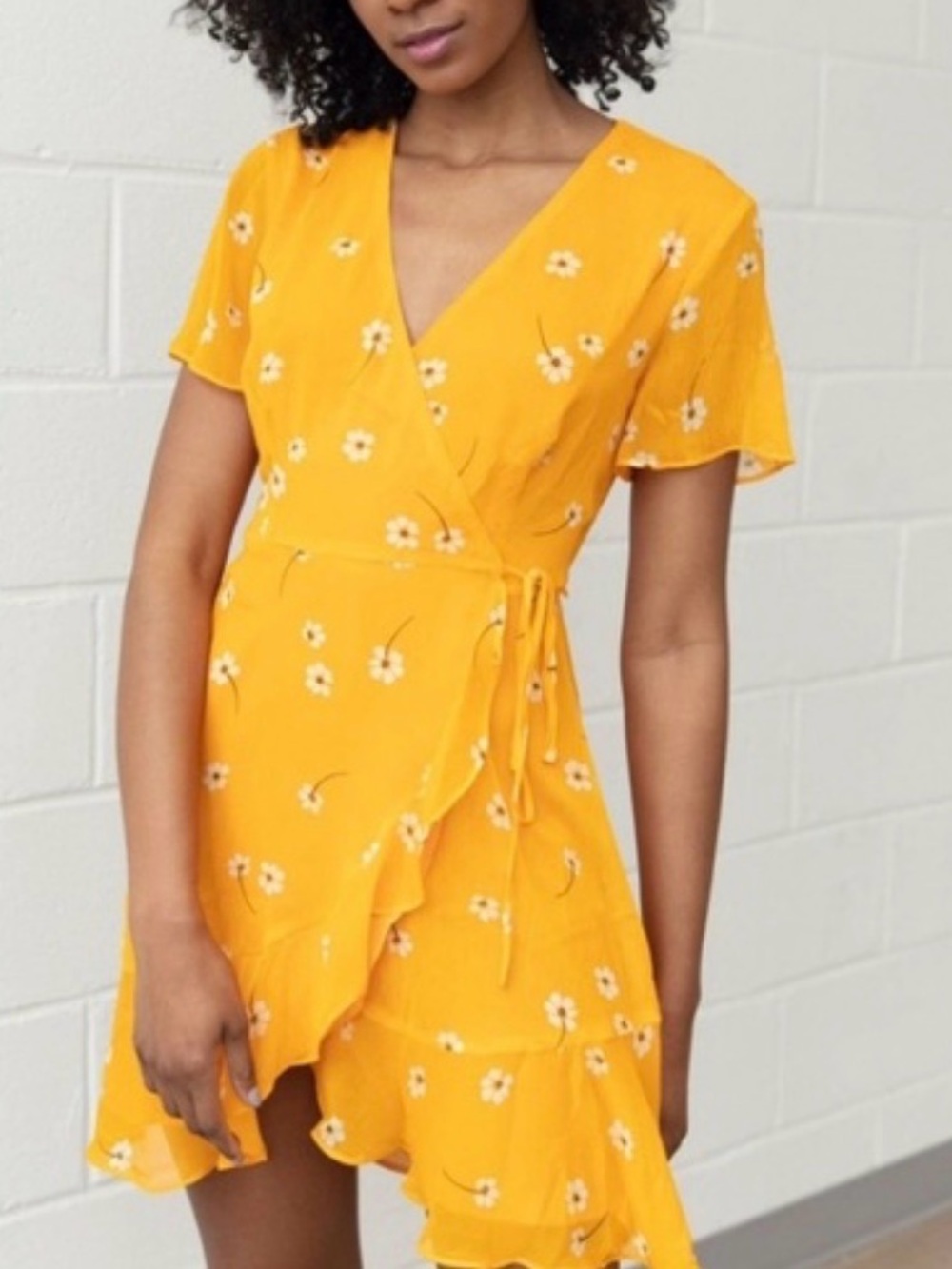 Lush Yellow Floral Wrap Mini Dress Size L Euro-Boho Cottagecore